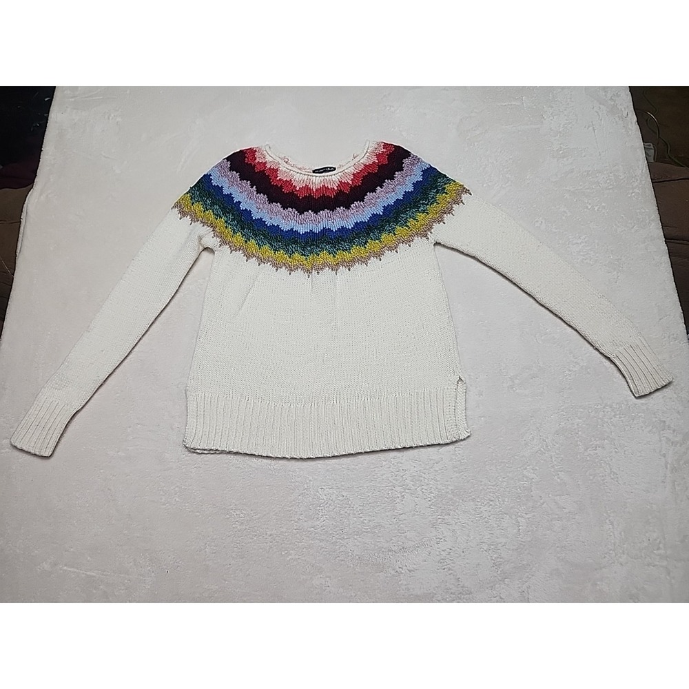 American Eagle Ann-mazing Soft Sweater Small Cream With Multi Colored Collar...